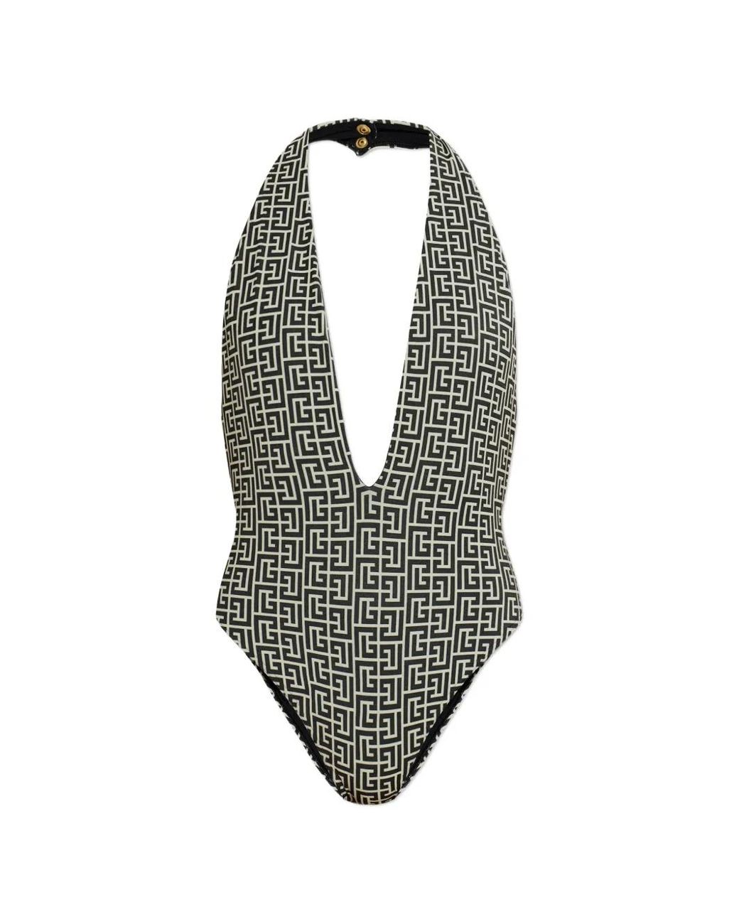 Balmain Black Monogram-Pattern Halterneck Swimsuit