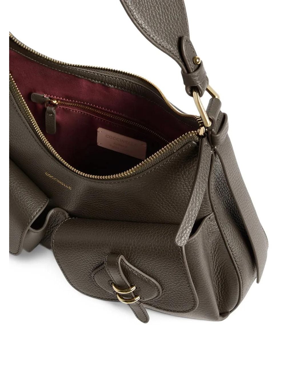 Coccinelle Gray Medium Pocket-Detail Pebbled Shoulder Bag