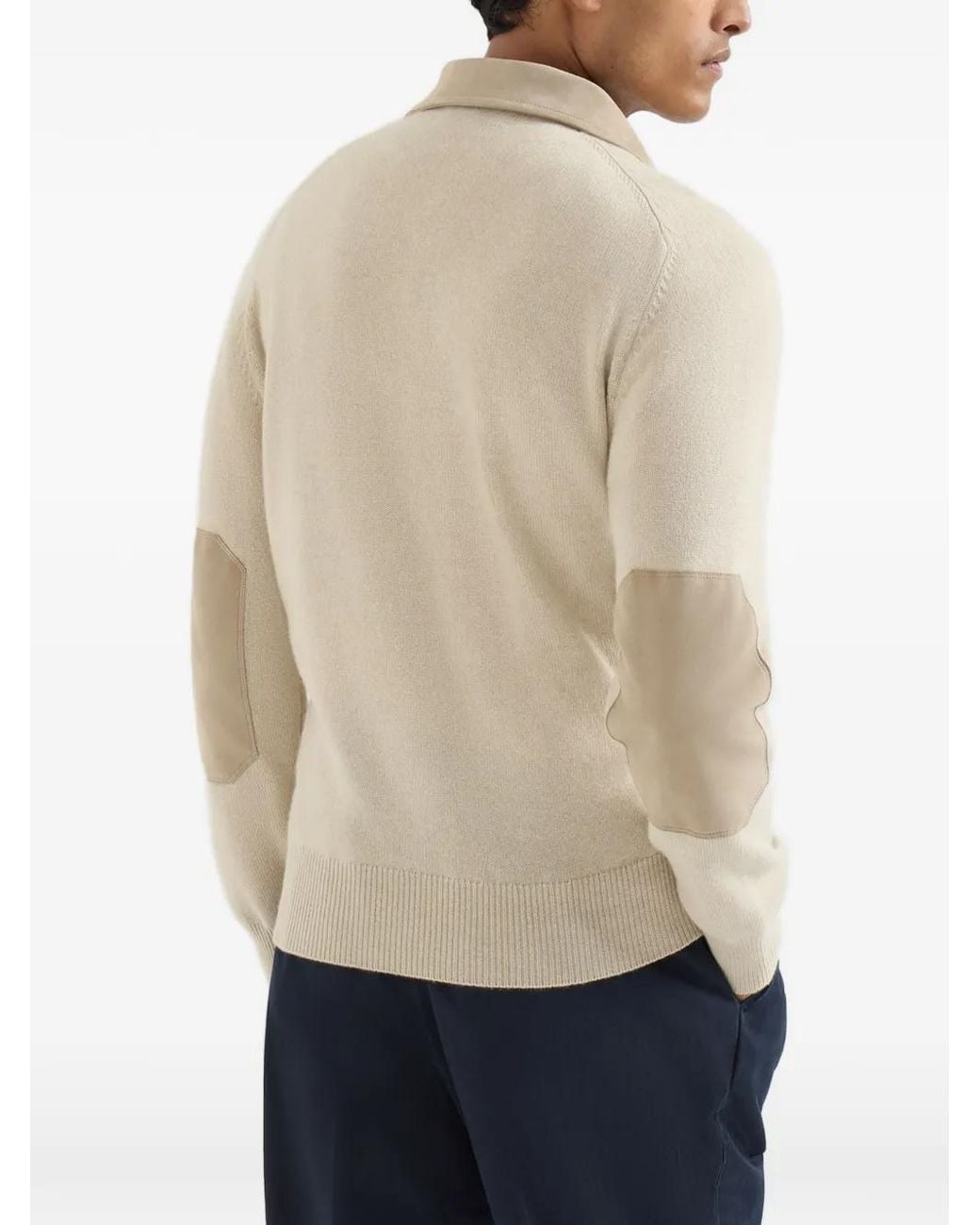 Brunello Cucinelli White Cashmere Knit Polo With Suede Collar for men