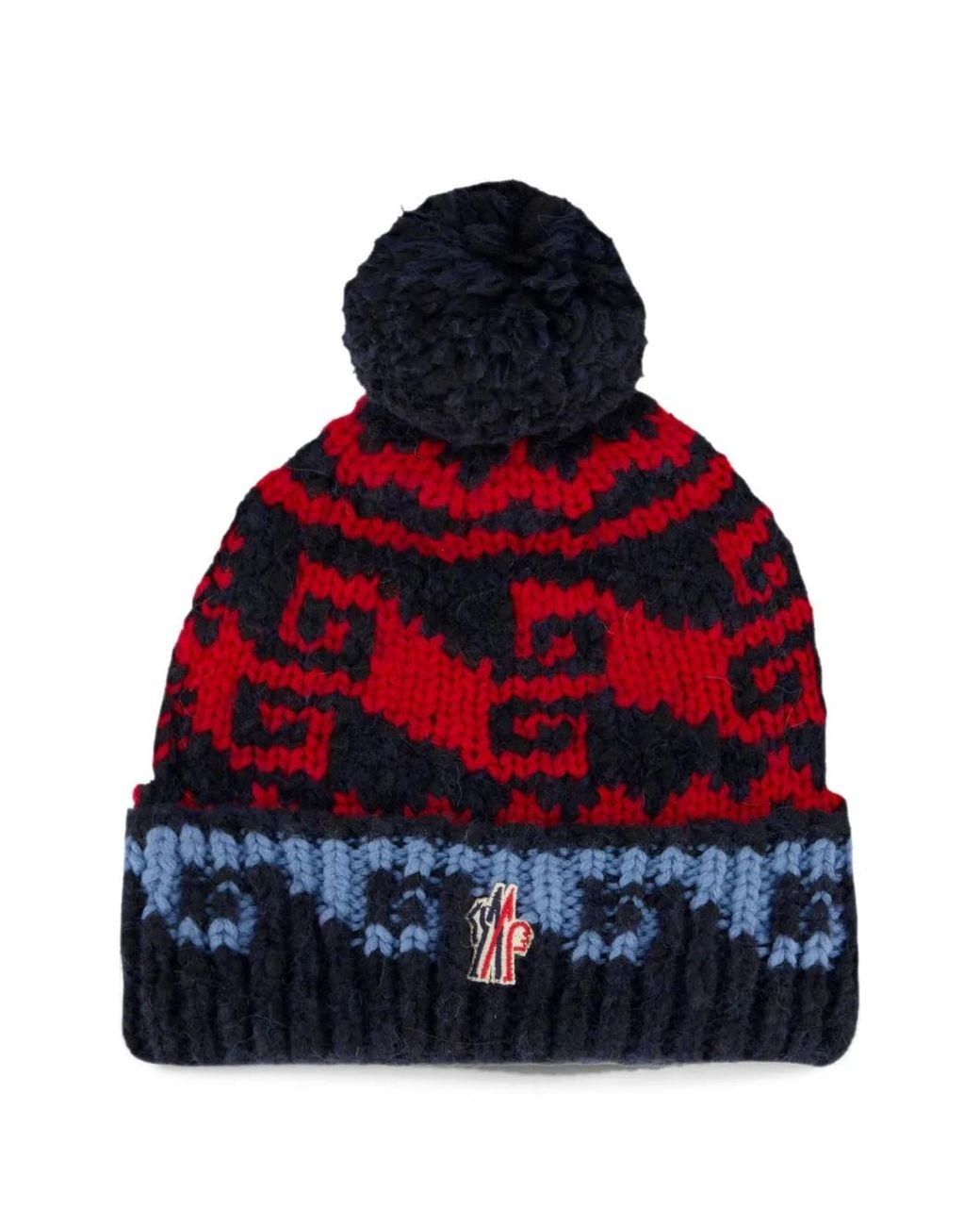 Moncler Red Intarsia-Knit Pompom Beanie Hat for men
