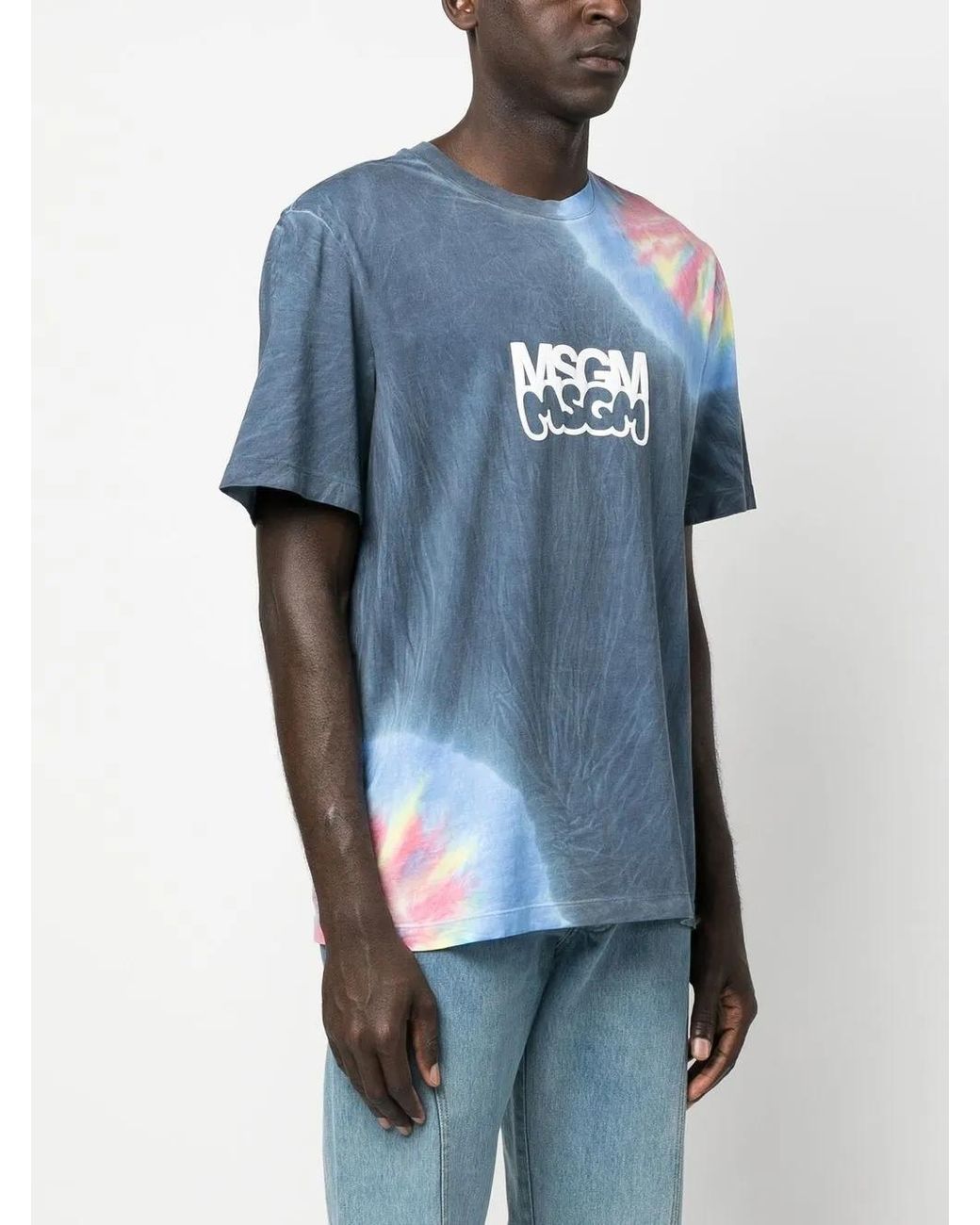MSGM Blue Logo-Print Tie-Dye T-Shirt for men