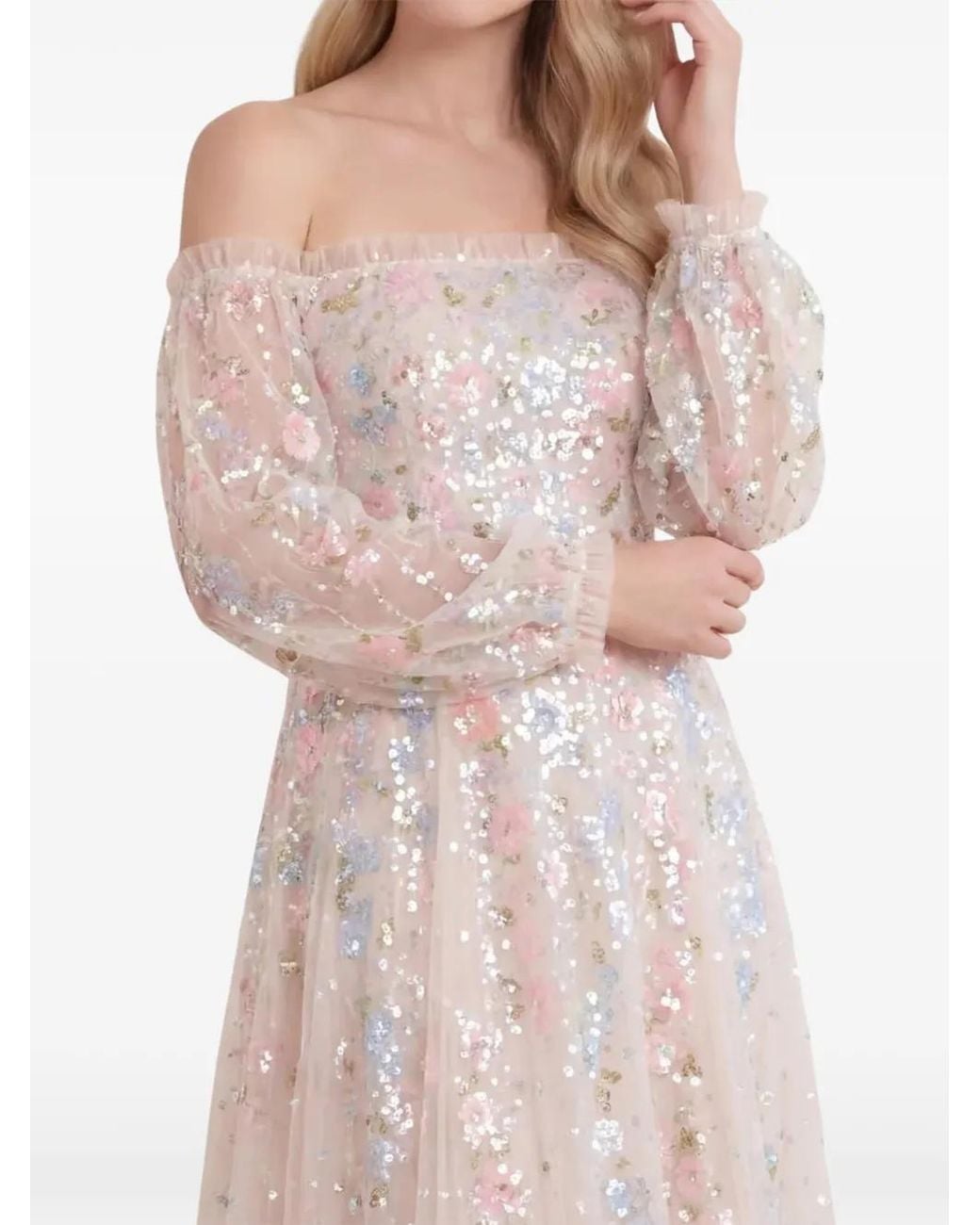 Needle & Thread White Confetti Sequin-Embellished Off-Shoulder Dress