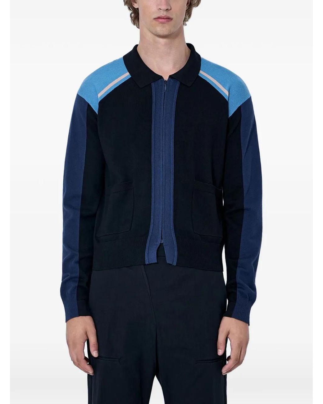 Kiko Kostadinov Blue Contrast-Panel Zip-Front Sweater for men