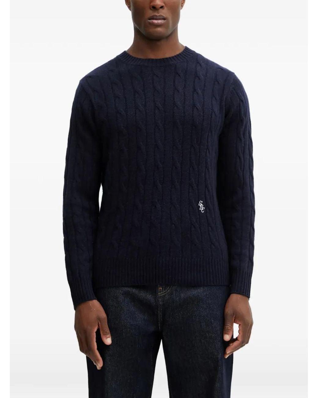 Sporty & Rich Blue Cable-Knit Embroidered-Logo Sweater for men