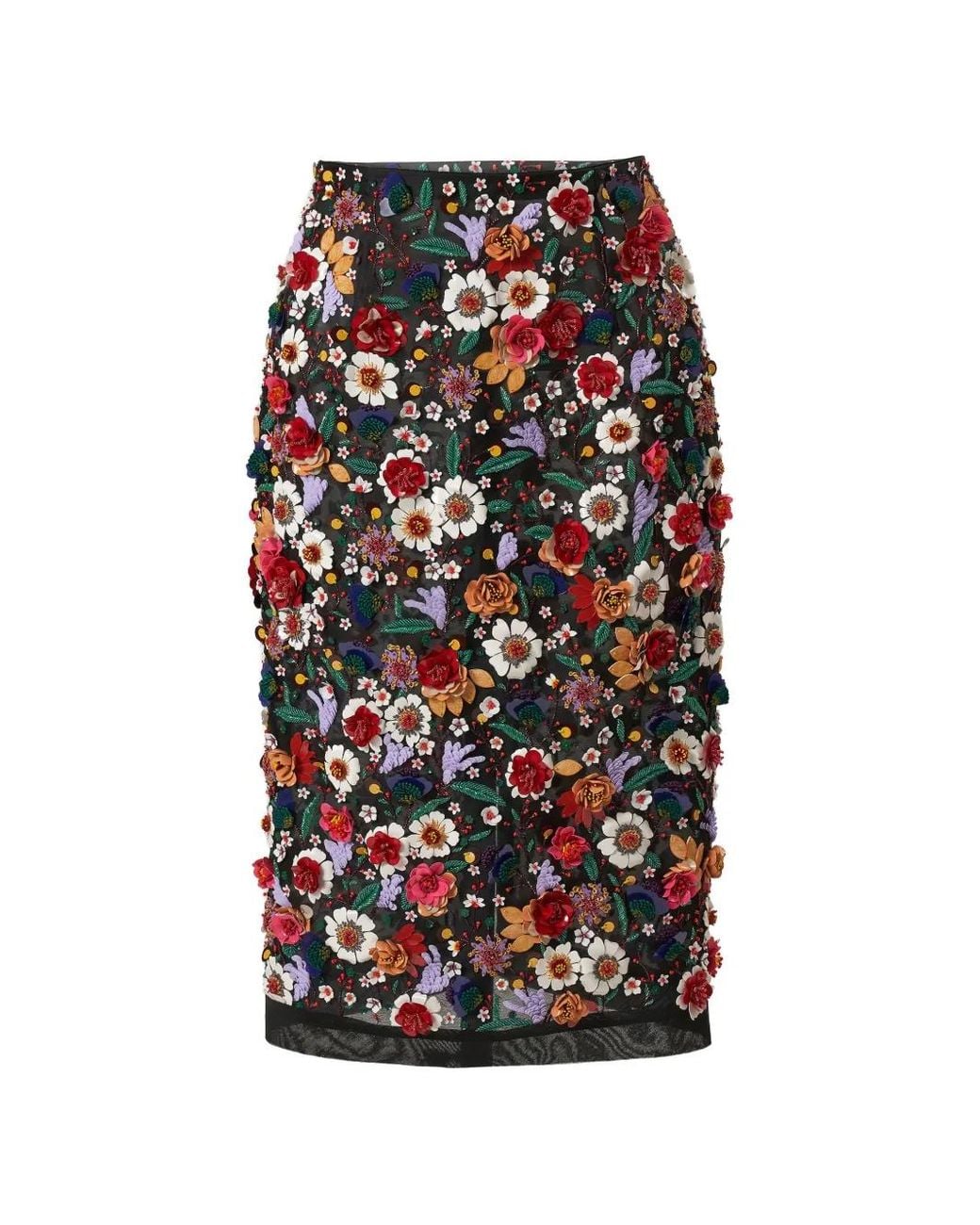 Carolina Herrera Black Floral-Embroidered Organza Midi Skirt