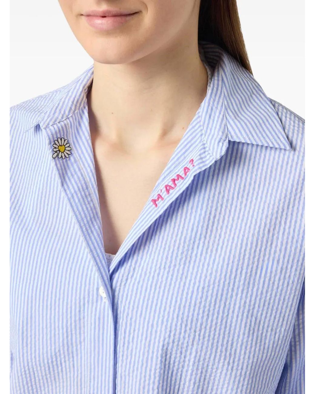 Mc2 Saint Barth White Striped Seersucker Cristal Shirt With Embroidery