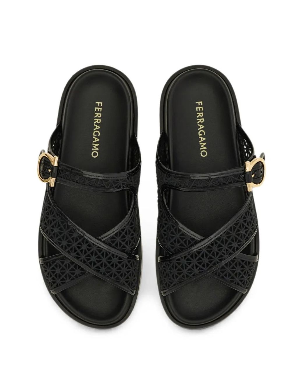 Ferragamo Black Gancini Buckle Crossover Slides