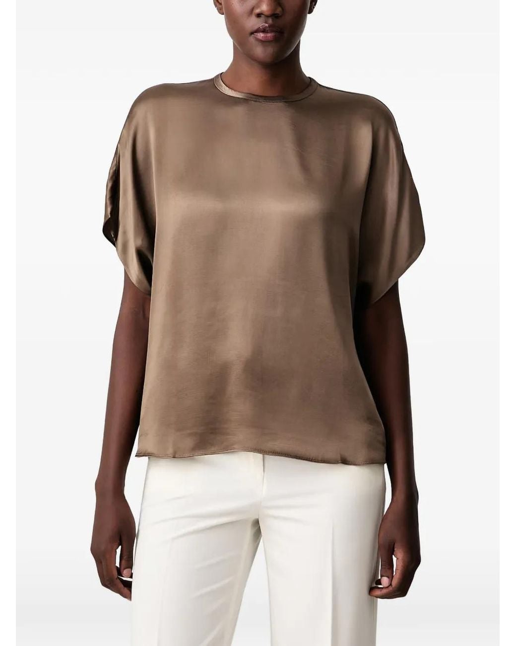 Sisley Brown Satin-Finish Short-Sleeve Blouse