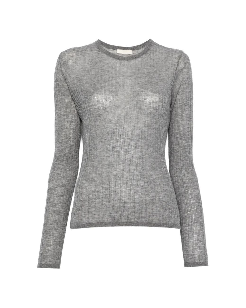 ELEH Gray Ribbed-Knit Sequin-Embellished Sweater