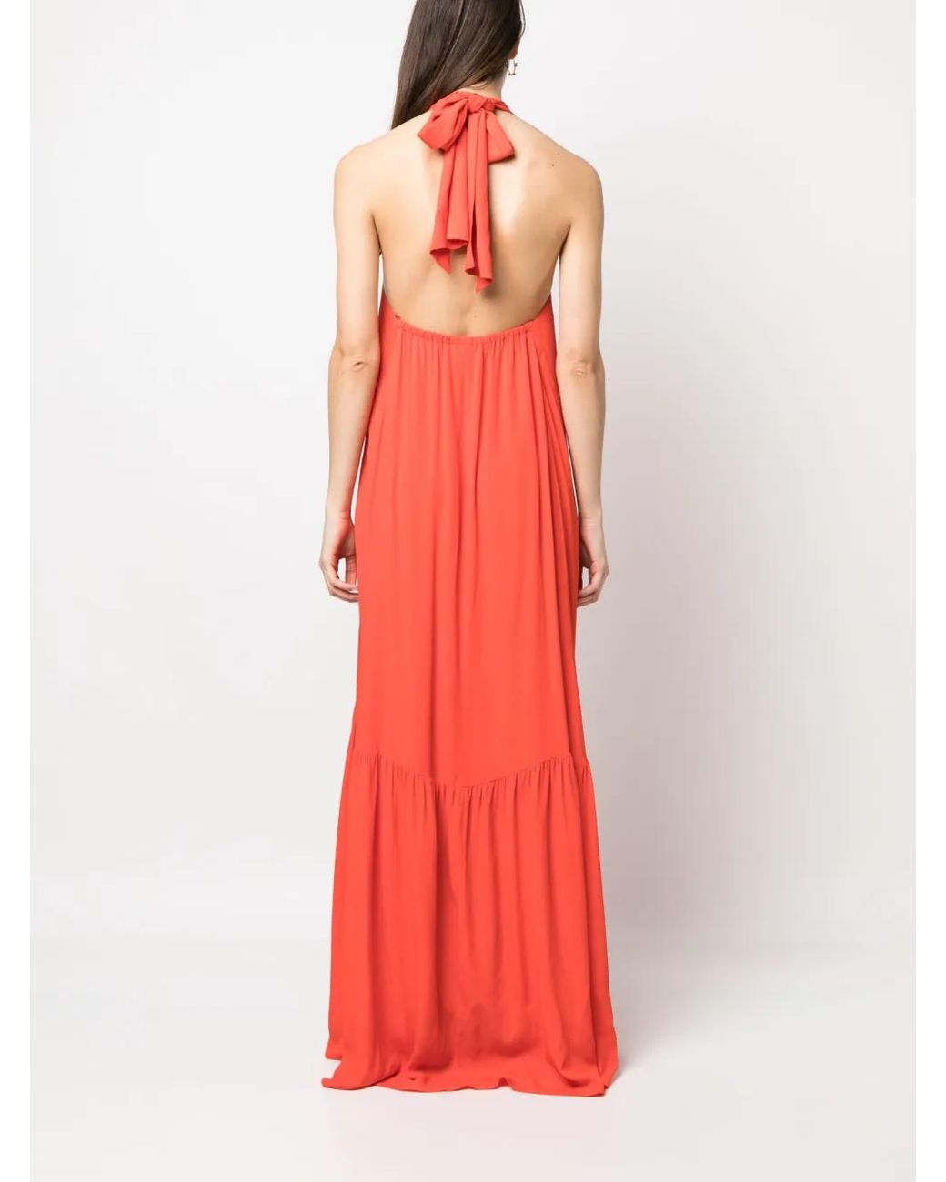 Erika Cavallini Semi Couture Red Pleat-Detail Halterneck Long Dress