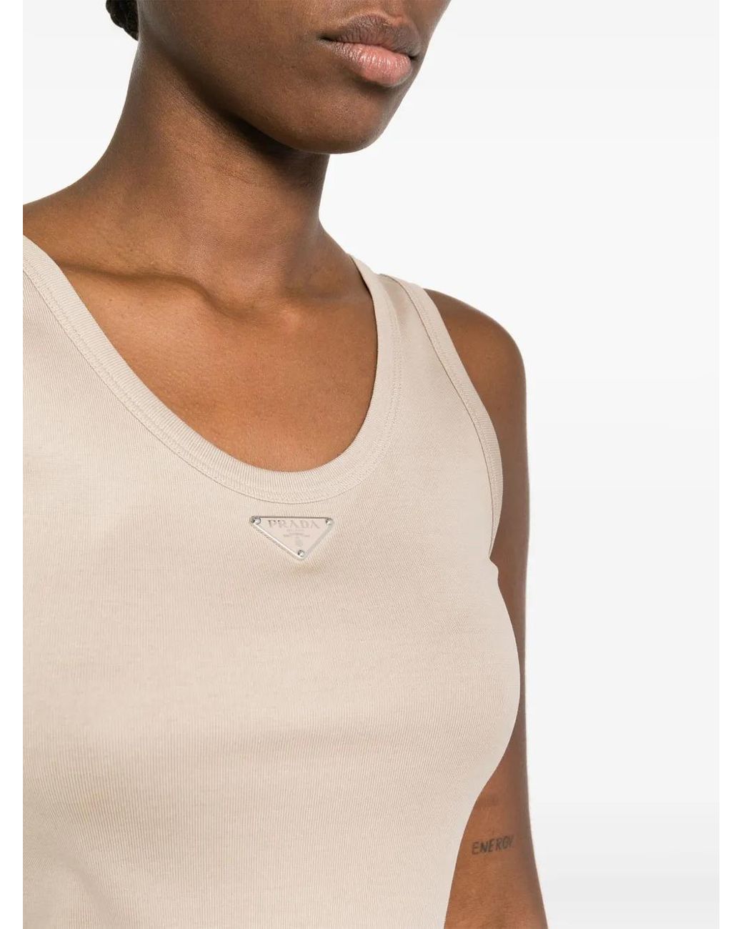 Prada Natural Triangle-logo Ribbed Tank Top