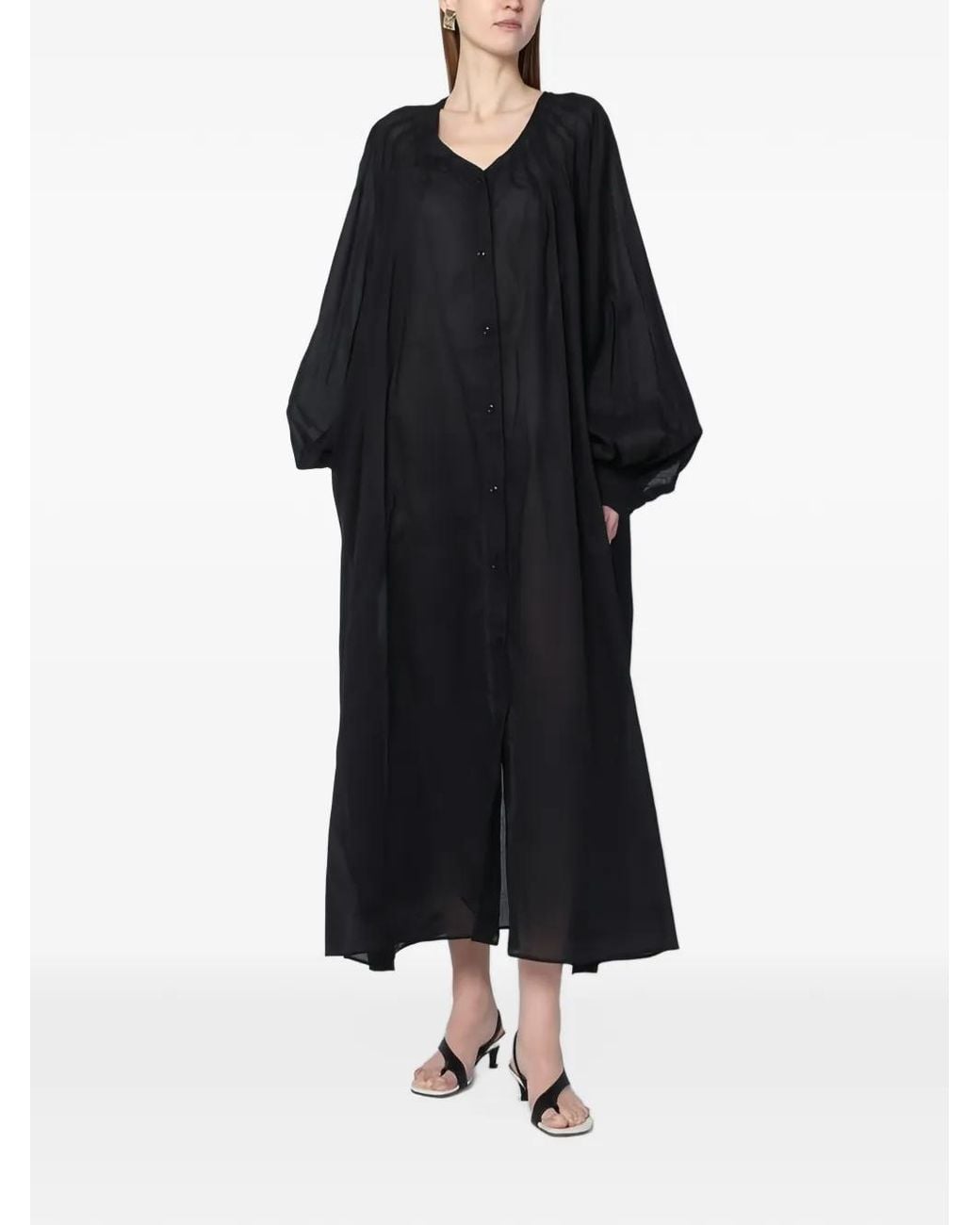 Thelatest Black Button-Up Balloon-Sleeve Midi Dress
