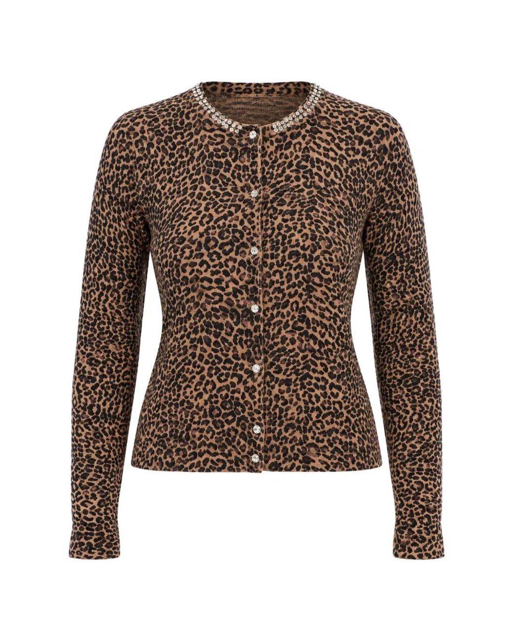 Kaos Brown Leopard-Print Crystal-Embellished Cardigan