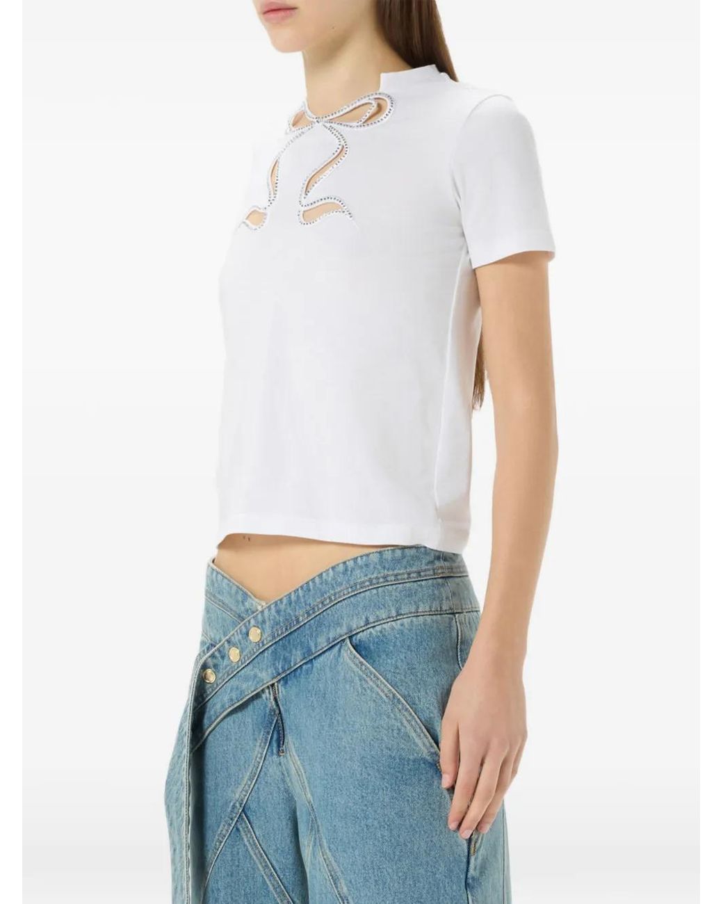 Blumarine White Rhinestone-Embellished Cut-Out T-Shirt