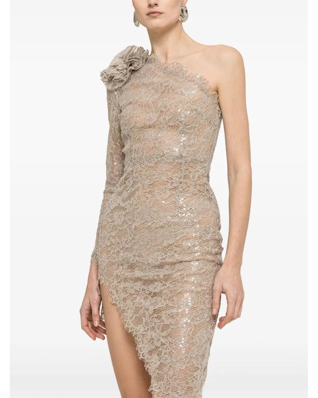 Nissa Natural Sequin-Detail Lace Midi Dress