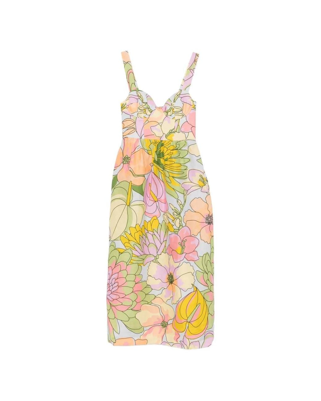 Farm Rio White Floral-Print Sweetheart-Neck Midi Dress