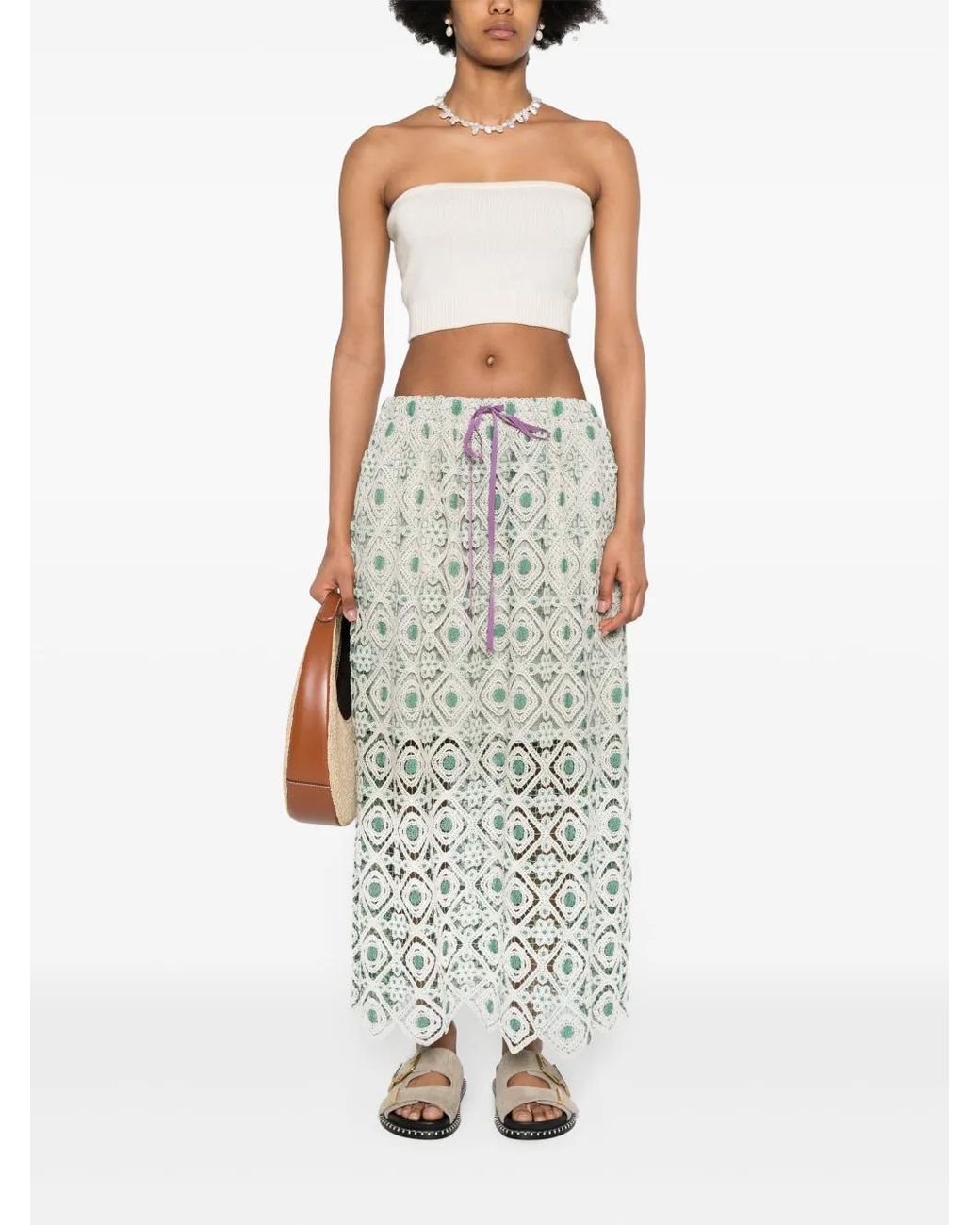 LaDoubleJ White Macramé Drawstring Midi Skirt