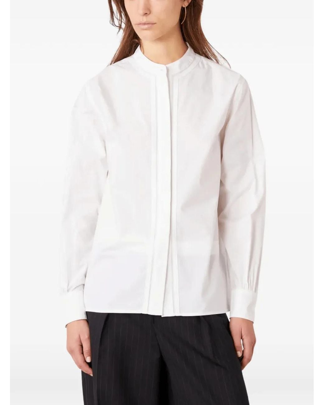 Officine Generale White Band-Collar Pleated Shirt