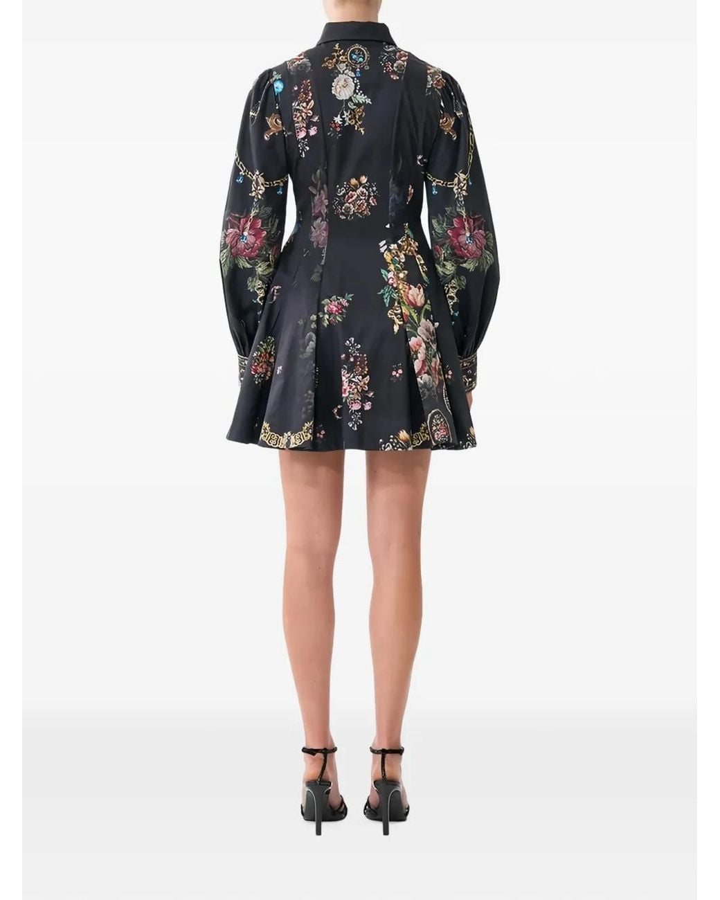Camilla Black Floral-Print Pleated Mini Shirt Dress