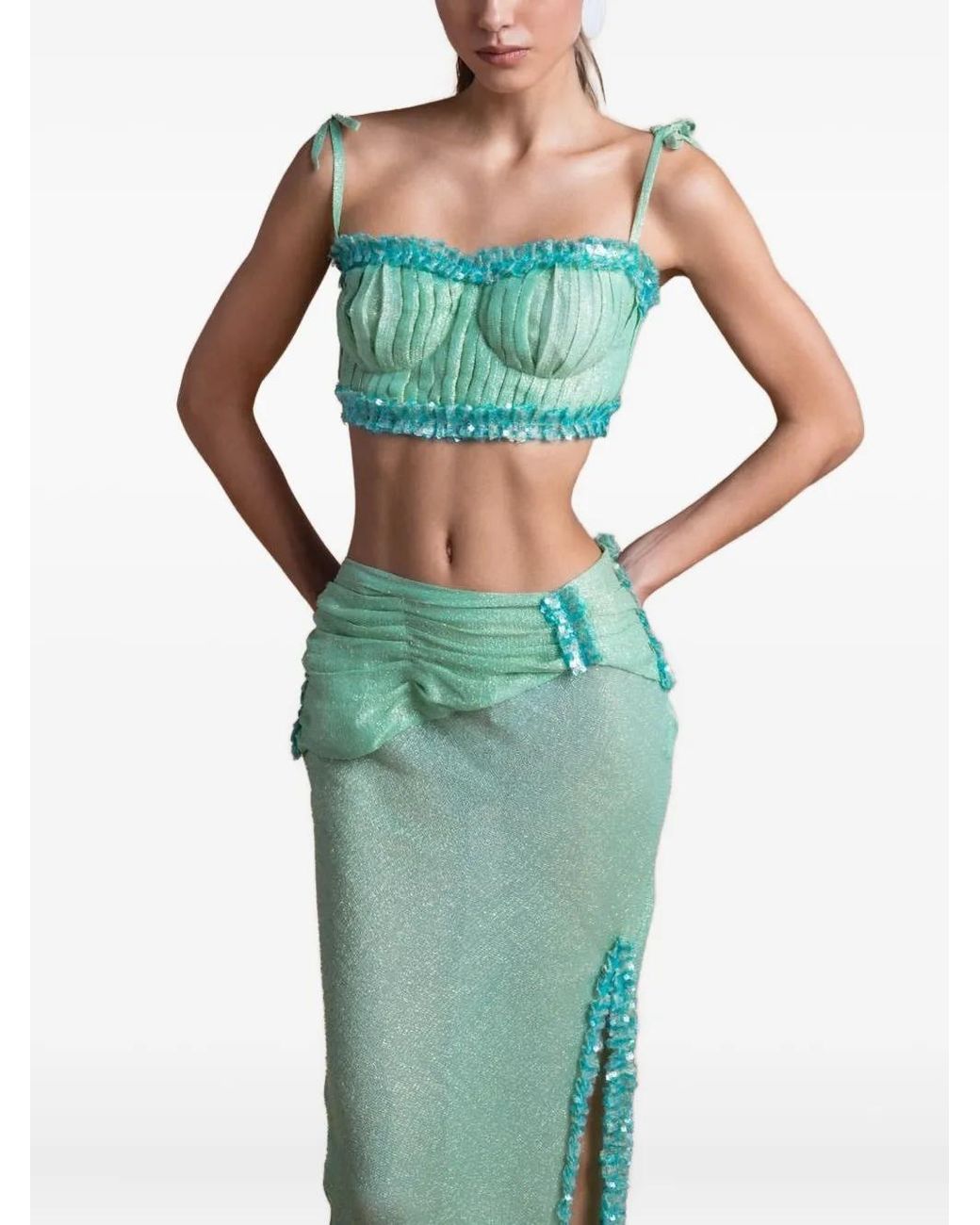 SANA OSMANI Green Delta Ruched Slit Maxi Skirt
