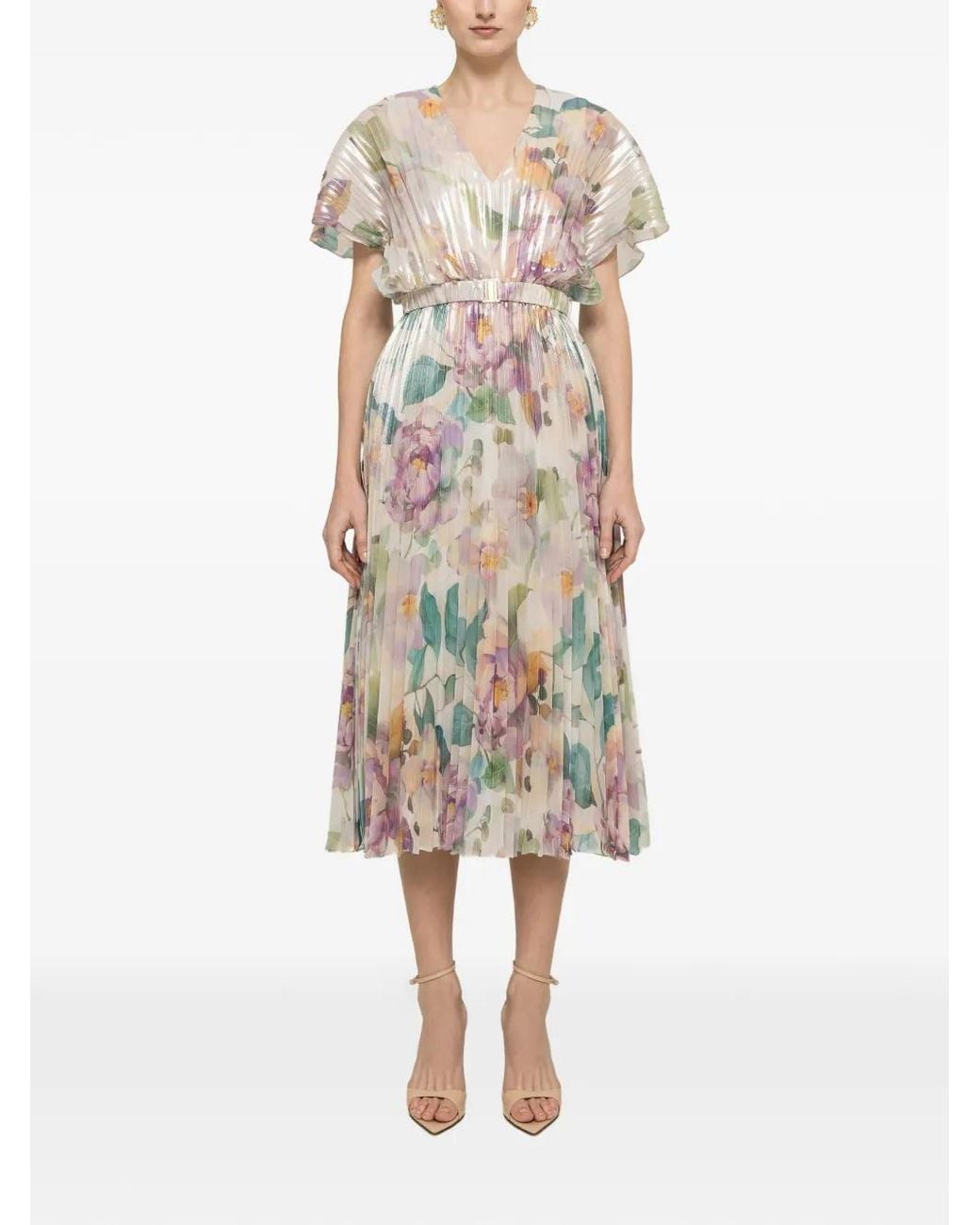 Nissa White Printed Chiffon Midi Dress