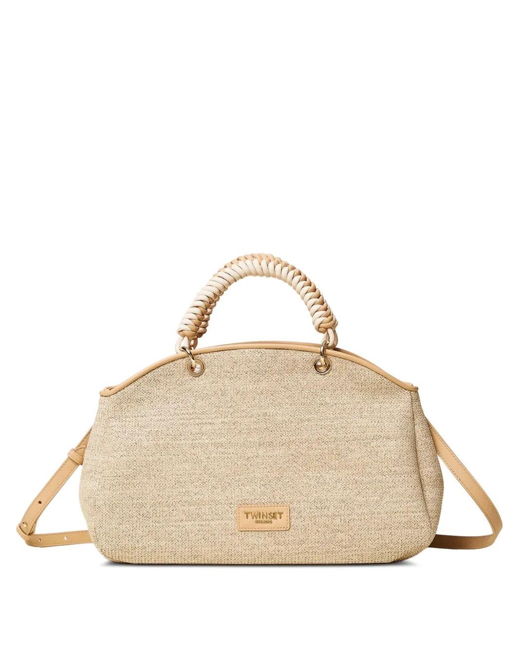 Twinset Natural Woven-Handle Bowler Tote Bag