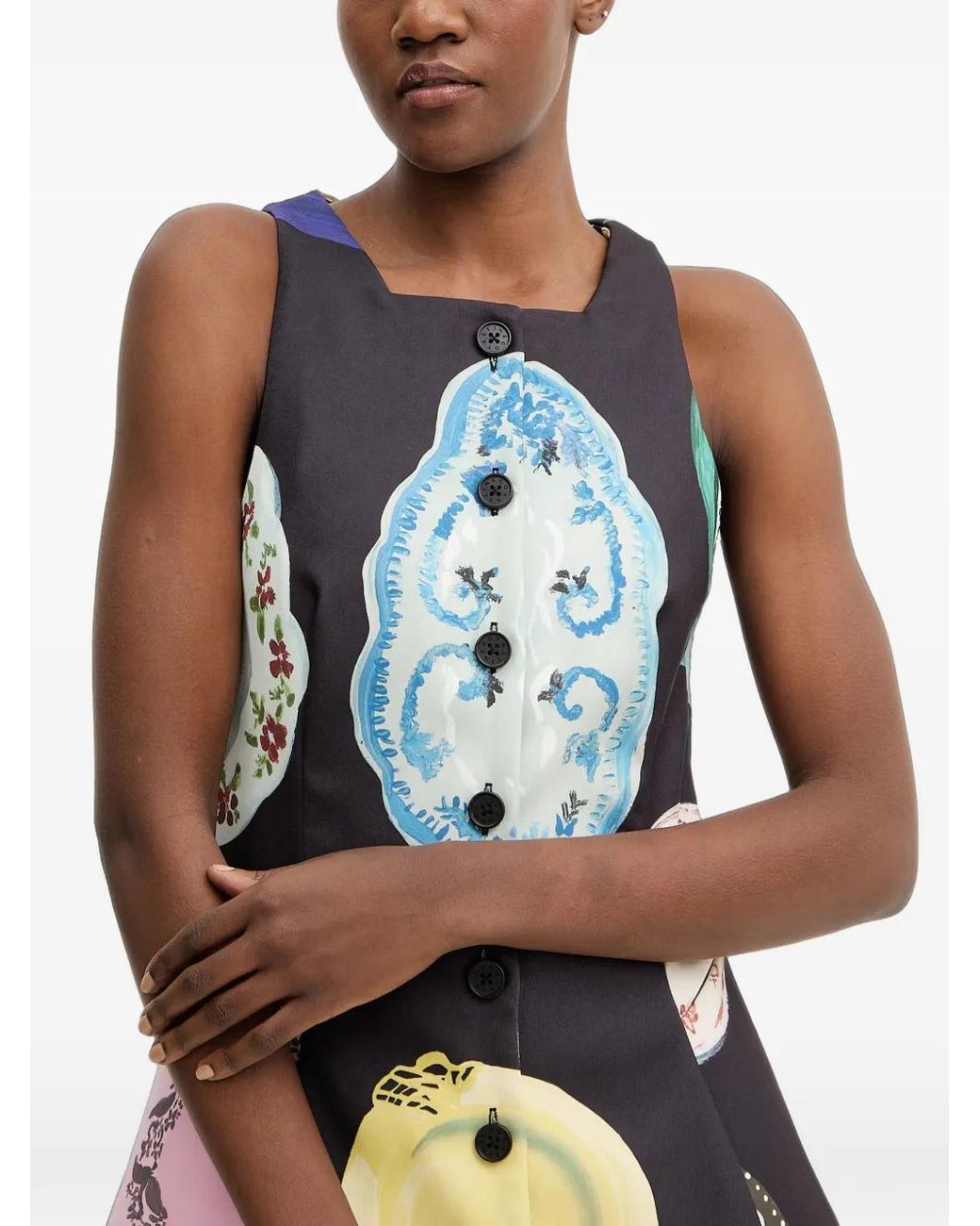 Stine Goya White Plate-Print Button-Up Mini Dress