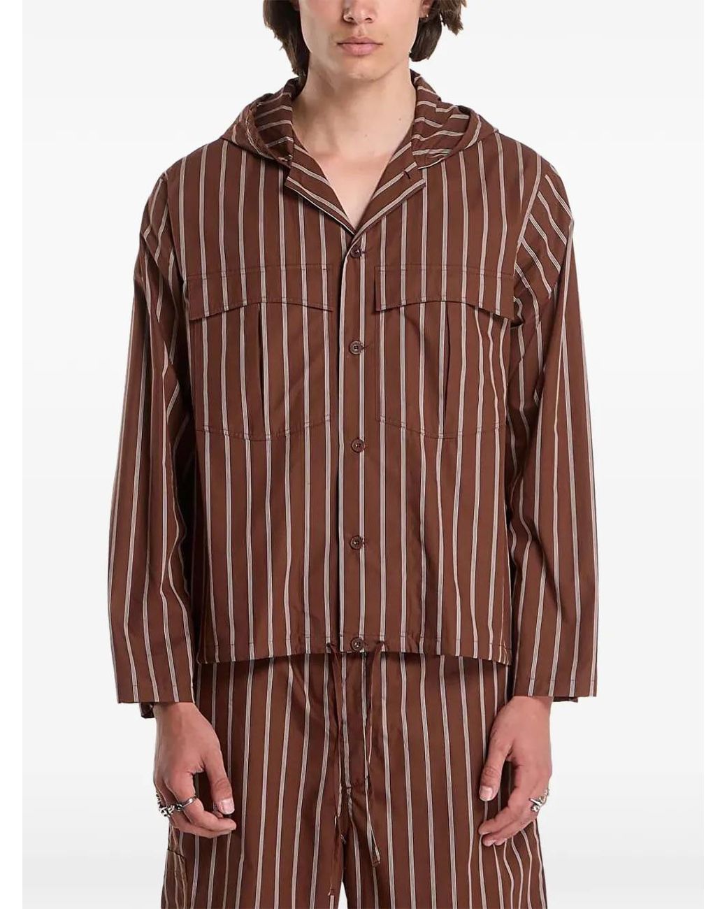 Etudes Studio Red Vertical-Stripe Hooded Shirt Jacket for men