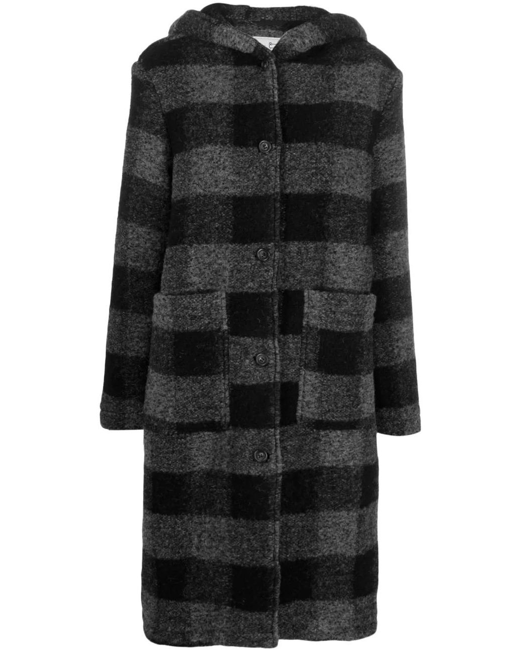 Woolrich Black Checked Hooded Wool-Blend Coat