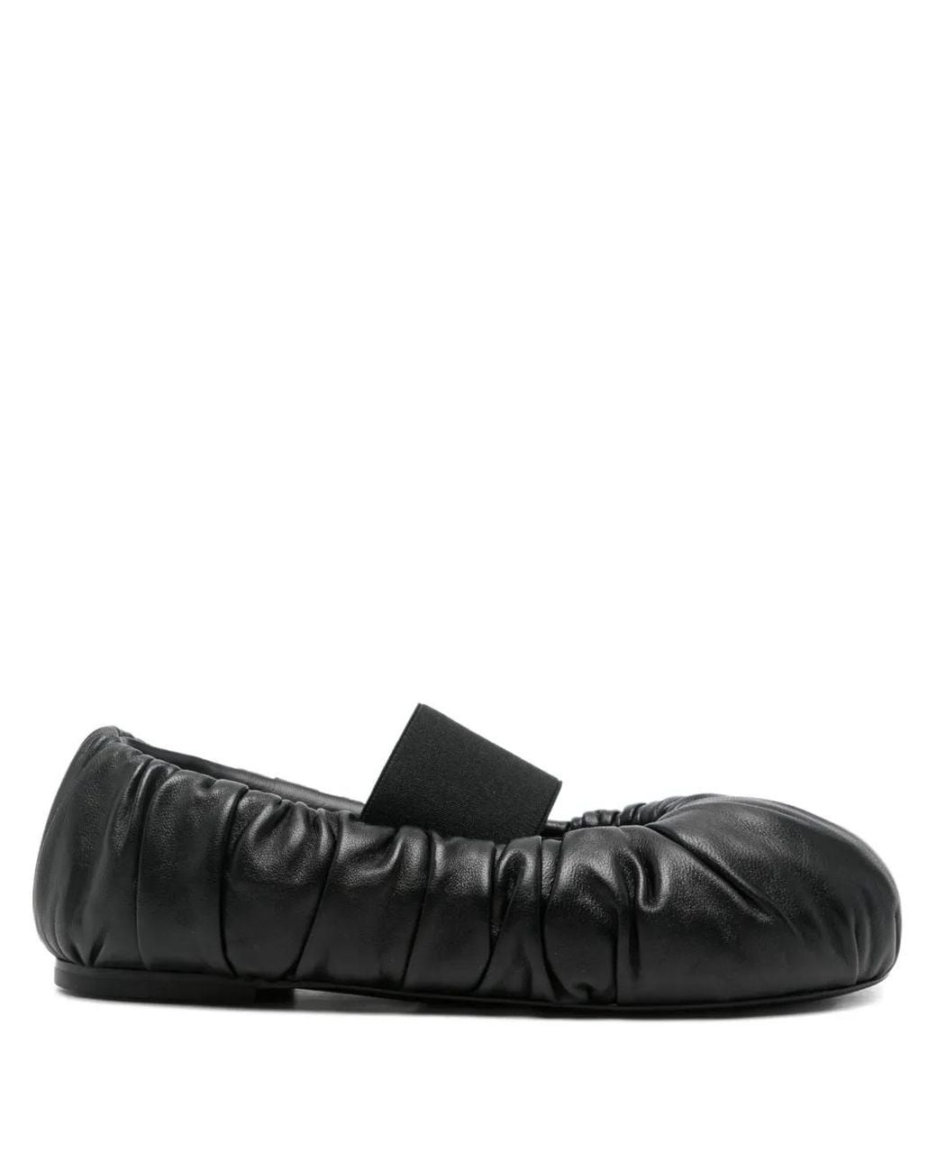 ALAINPAUL Black Elasticated-Band Gathered Leather Ballet Flats