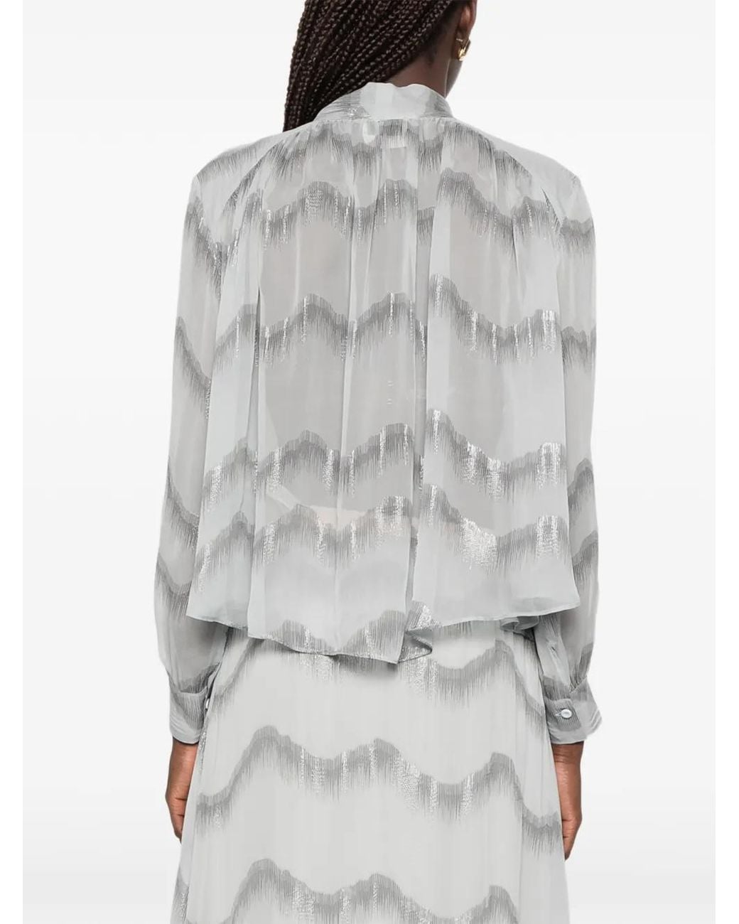 Forte_forte Gray Pussy-Bow Chevron-Pattern Shirt