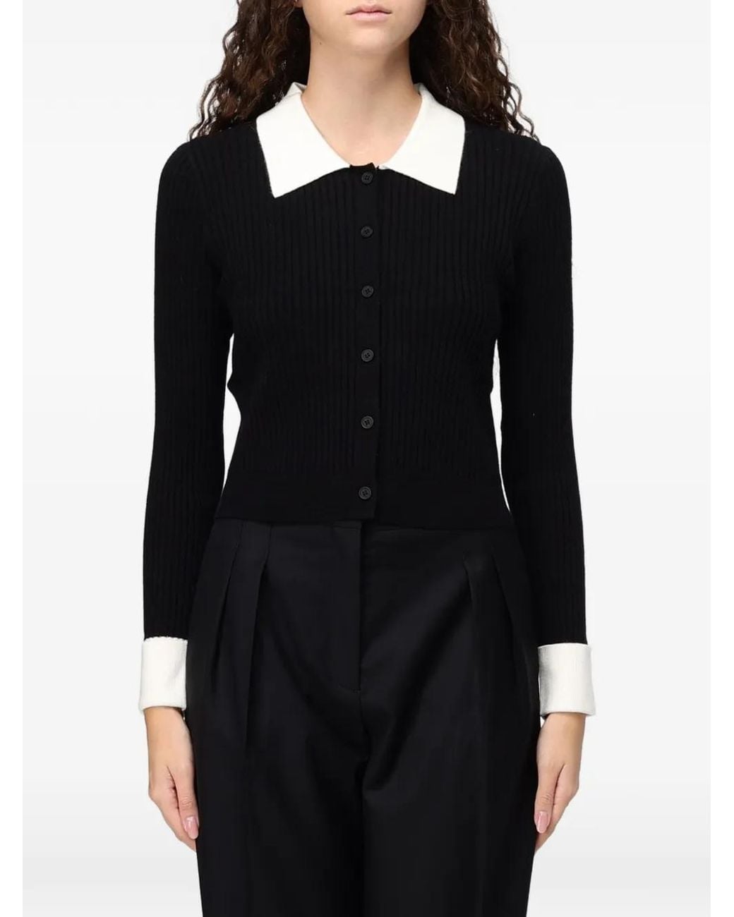 Mar De Margaritas Black Ribbed-Knit Contrast-Collar Polo Sweater