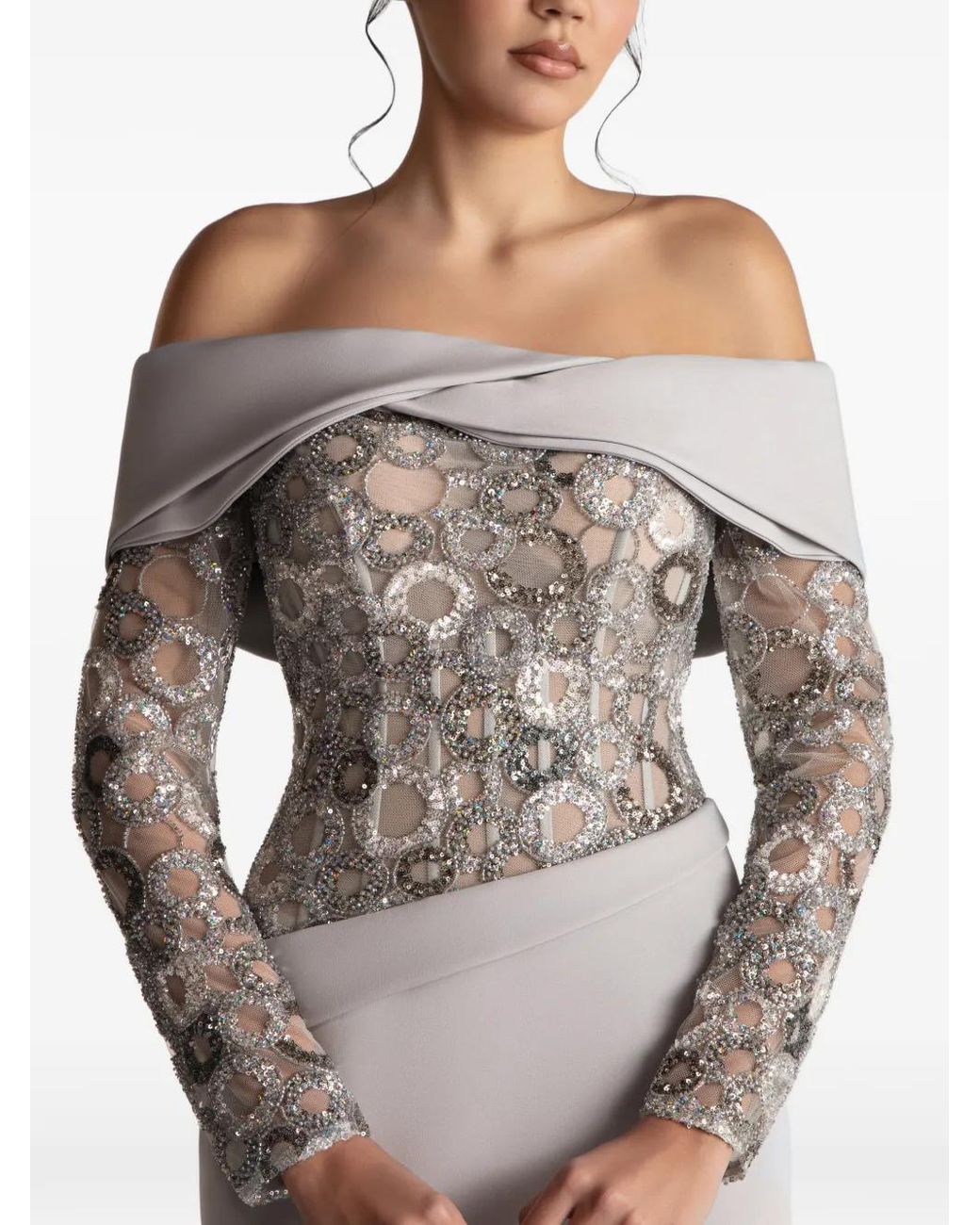 Gatti Nolli by Marwan Gray Off-Shoulder Embroidered Gown