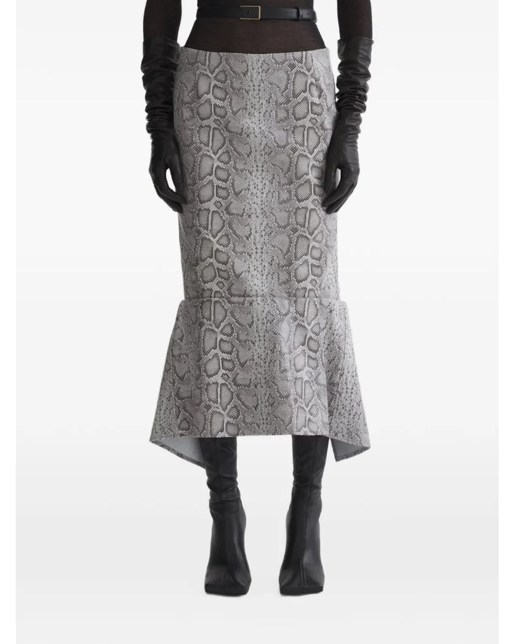 Mugler Gray Python-Embossed Leather Slit Mermaid Skirt
