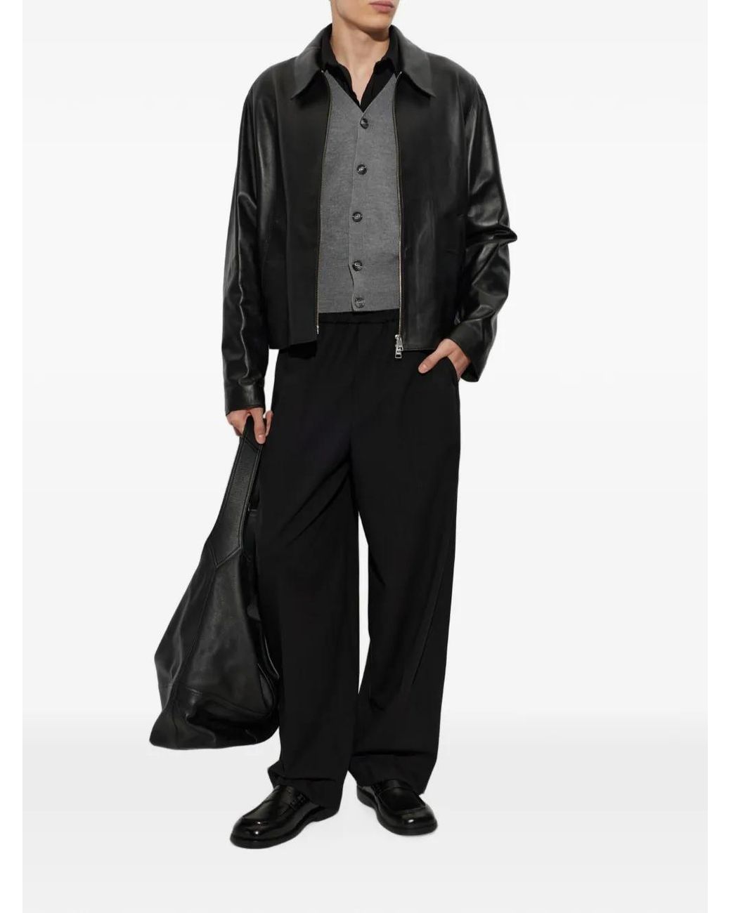AMI Black Lamb Leather Zipped Jacket for men