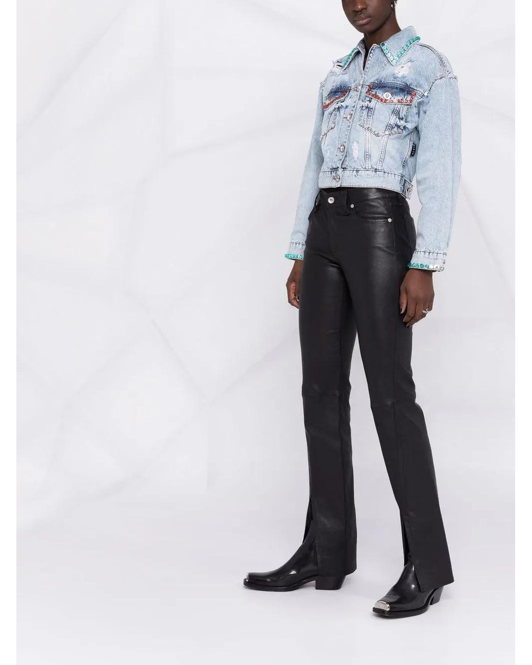 Philipp Plein Blue Crystal-Embellished Distressed Denim Jacket