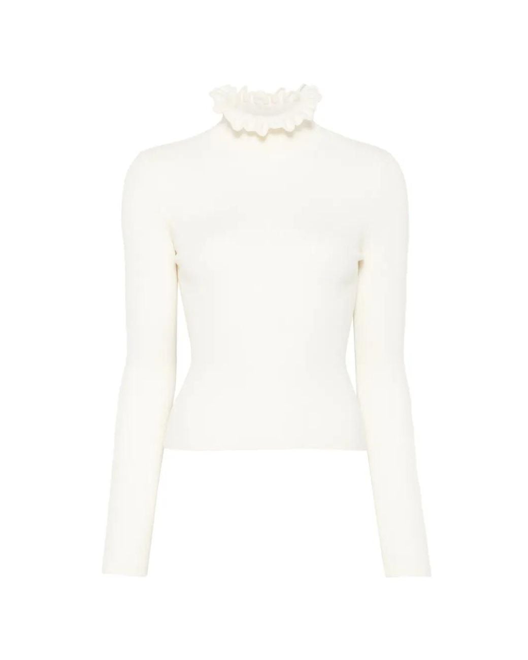 Sandro White Ruffled Turtleneck Wool Sweater