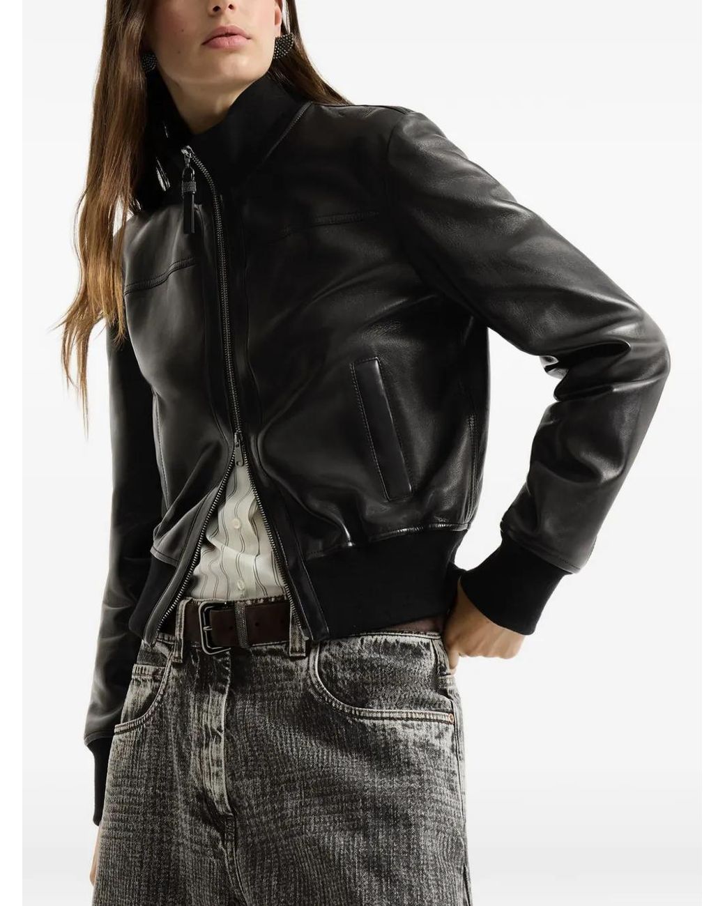Brunello Cucinelli Black Nappa Leather Outerwear Jacket With Monili