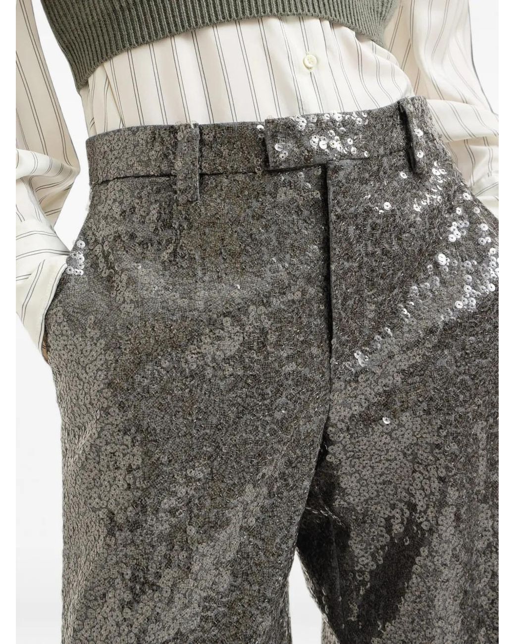Brunello Cucinelli Gray Pantalon Ample Évasé Et Brodé En Flanelle De Laine Vierge Texturée