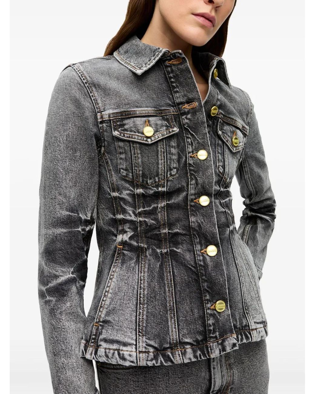 Ganni Gray Whiskering-Effect Denim Jacket
