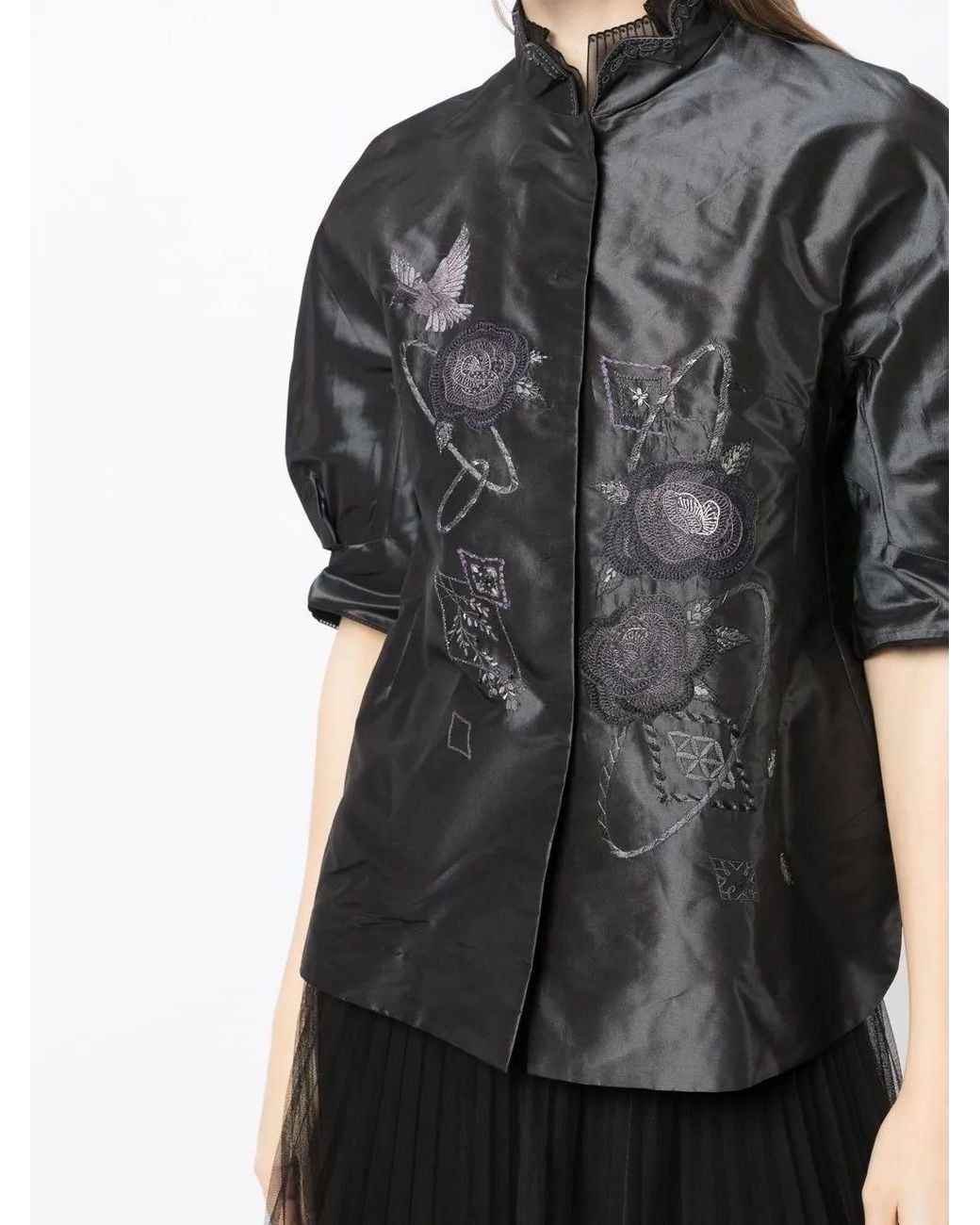Shiatzy Chen Black Embroidered Silk Puff-Sleeve Jacket