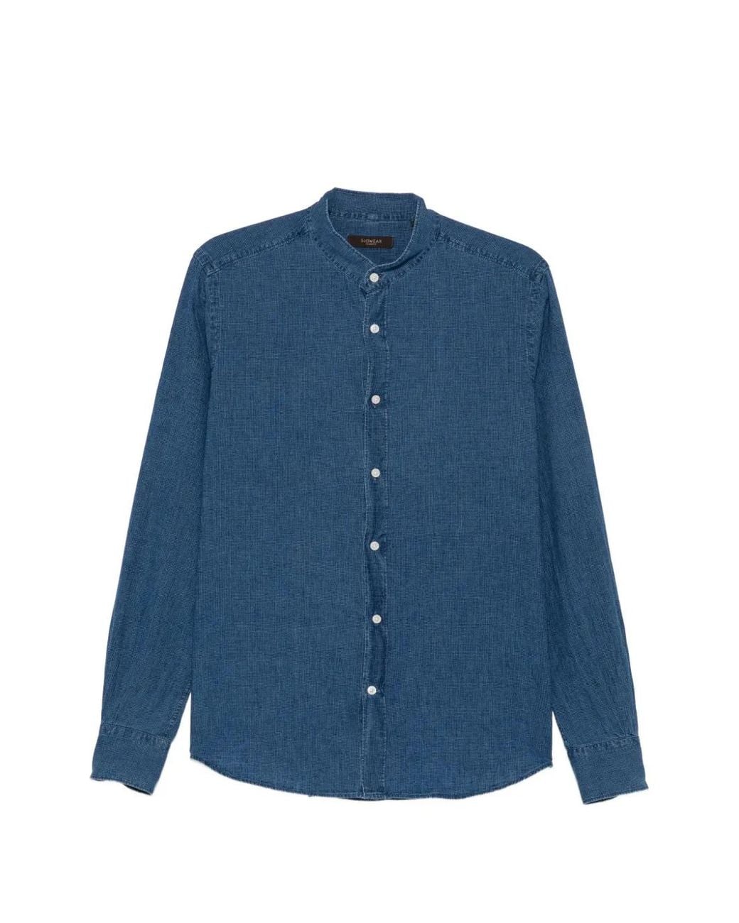 Glanshirt Blue Band-Collar Long-Sleeve Shirt for men