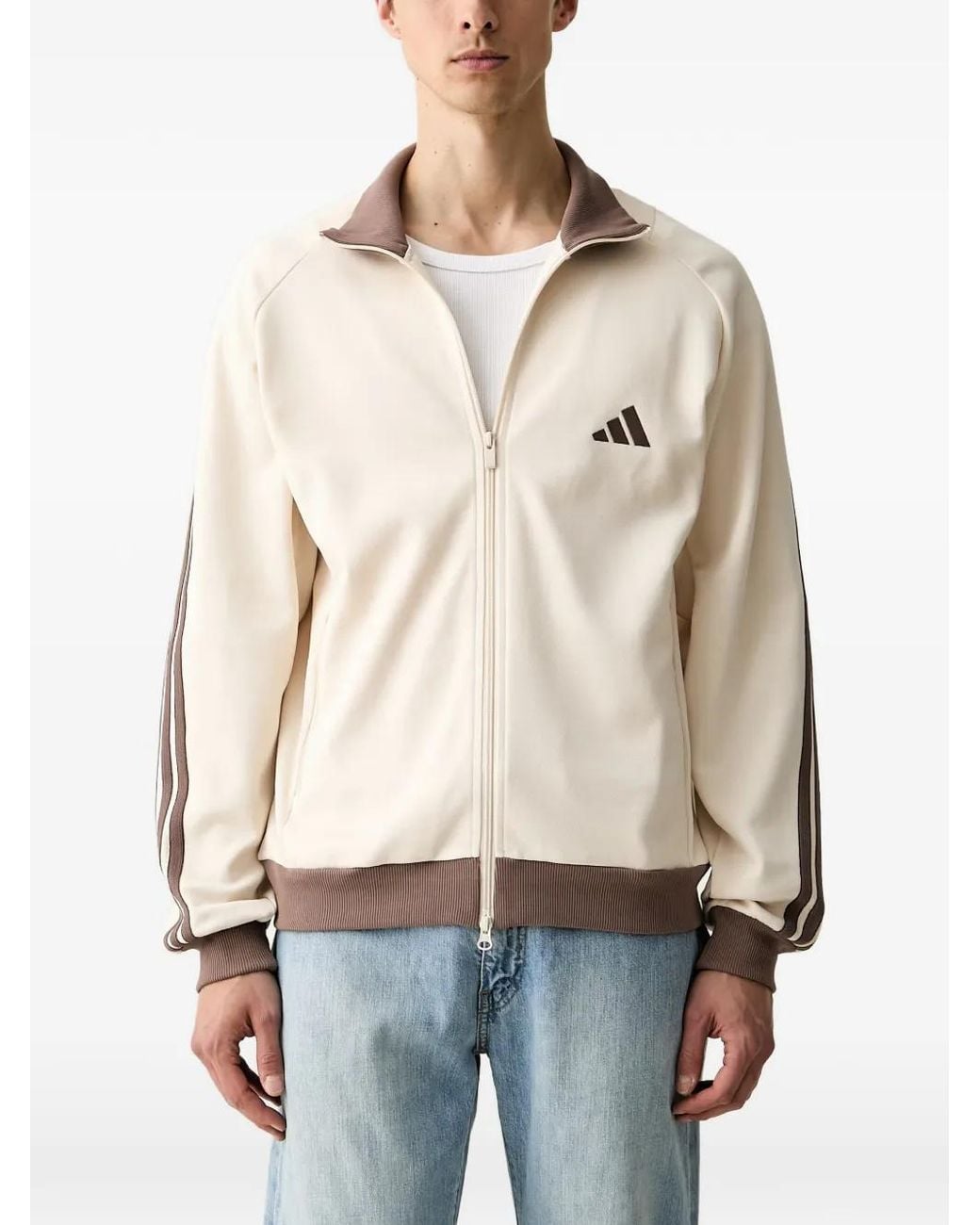 Adidas Natural Logo-Embroidered Striped-Sleeve Zip-Up Sweatshirt for men