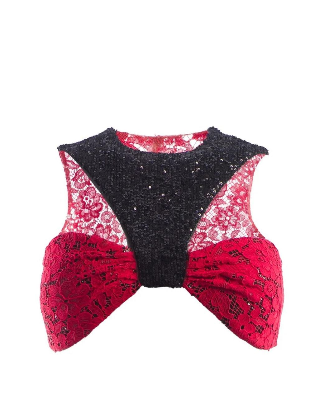 IMROSKA Red Sequin-Embellished Lace-Panel Top