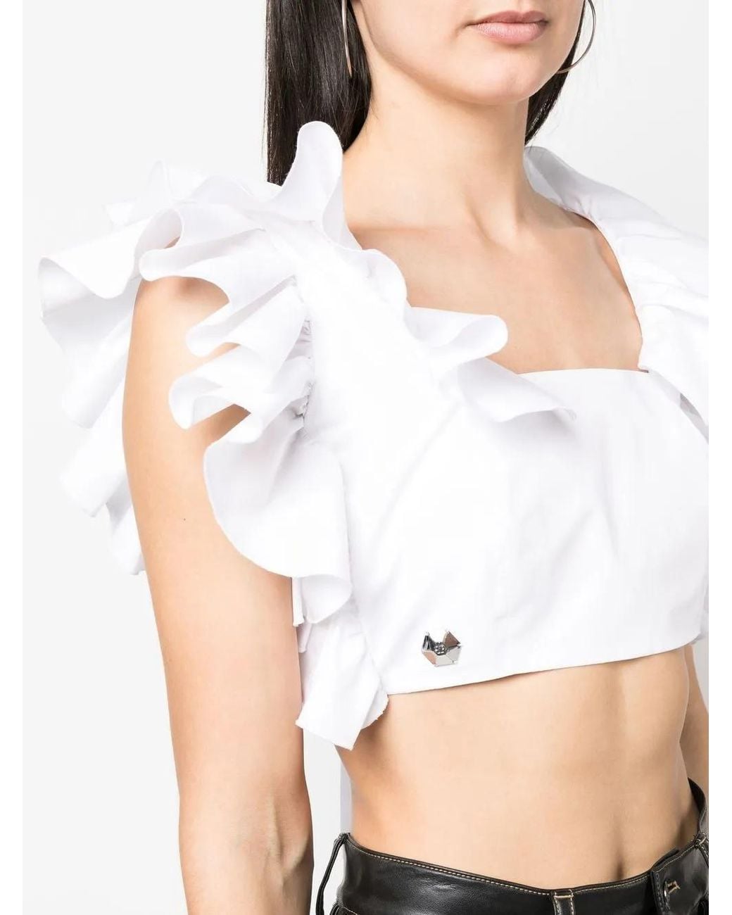 Philipp Plein White Cropped Ruffle-Trimmed Top