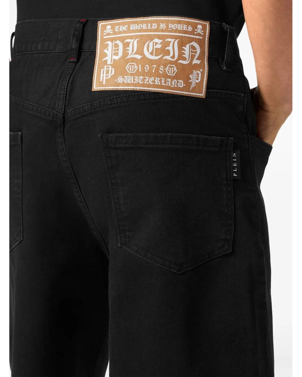 Philipp Plein Black Skull-Embroidered Denim Shorts for men
