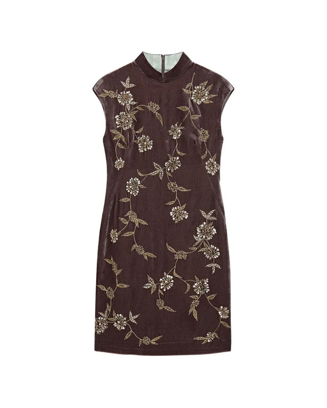 Shanghai Tang Brown Qipao Beaded Mini Dress