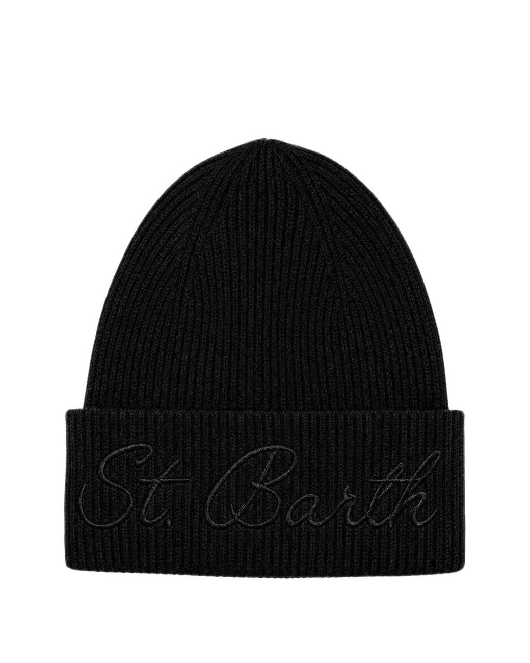 Mc2 Saint Barth Black Logo-Embroidered Ribbed Beanie Hat
