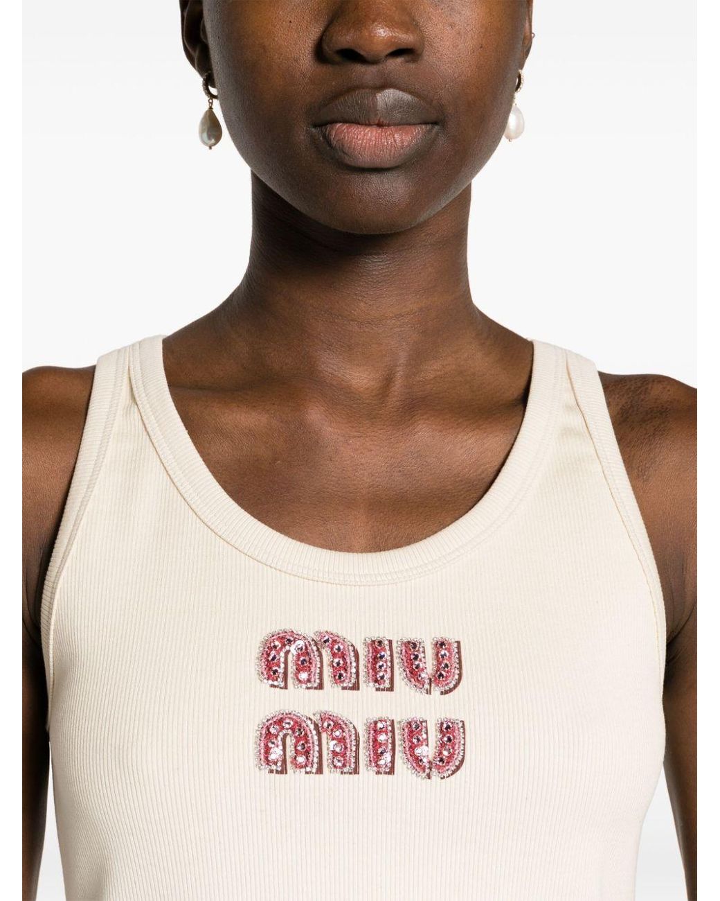 Miu Miu Logo-embellished Ribbed Tank Top in Pink | Lyst
