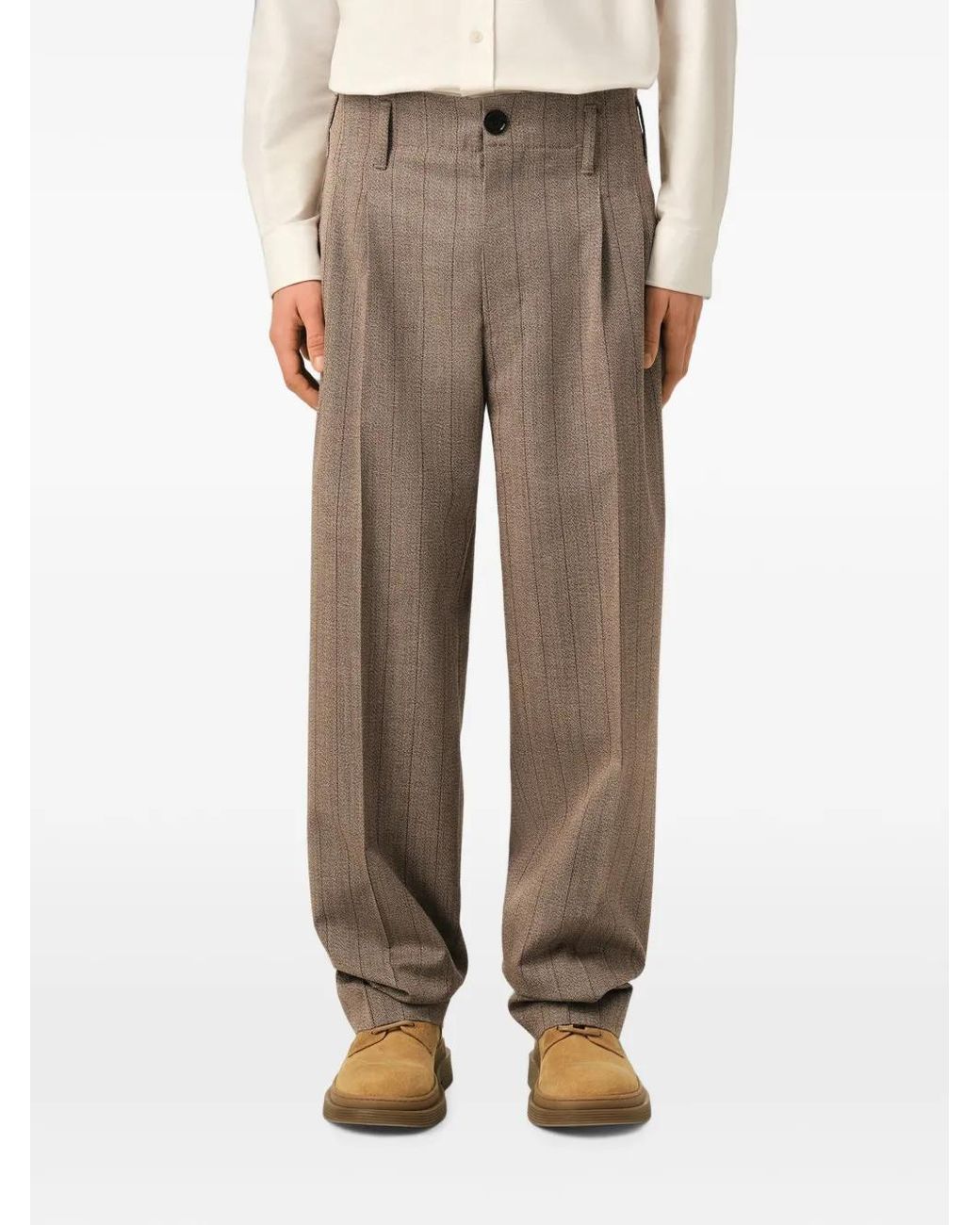 AMI Natural Striped Wool Two-Pleats Trousers for men